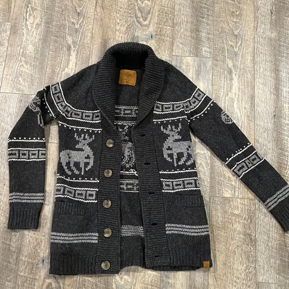 Aritzia wool cardigan-medium dark grey, light grey and white details